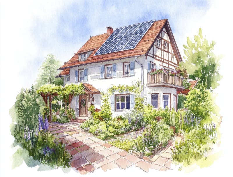 Charming White House Watercolor Painting with Red Tile Roof and Solar Panels vektor illustrationer