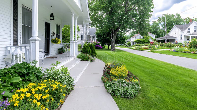Charming White Houses och Vibrant Flower Gardens på en Sunny Suburban Street vektor illustrationer