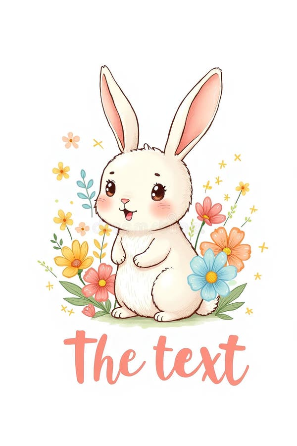 Charming White Rabbit med Sweet Expression omgiven av Soft Pastel Flowers vektor illustrationer