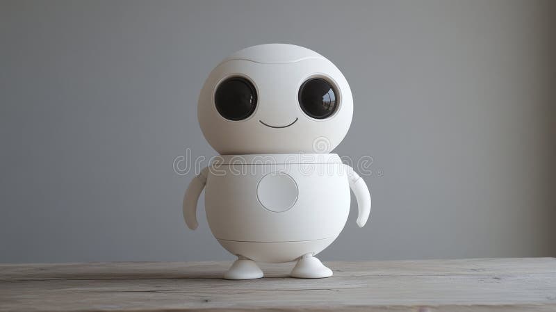 Charming White Robot Character med Large Eyes och Smiling Face stock illustrationer