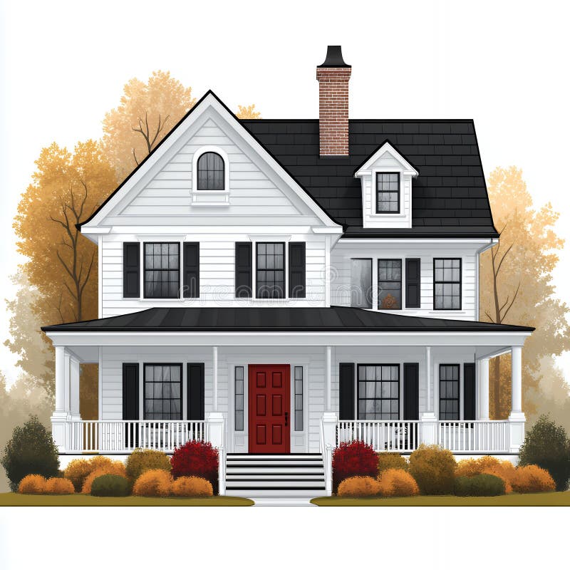 Charming White Suburban House Autumn liggande Illustration Home Exteridesign vektor illustrationer