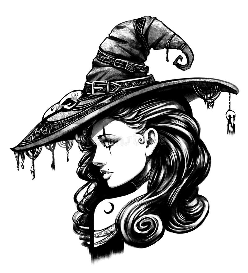 Charming witch in big fancy hat