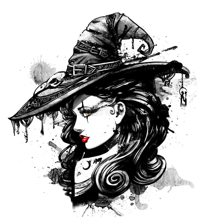 Free Charming Witch In Big Fancy Hat Stock Images - 124026484