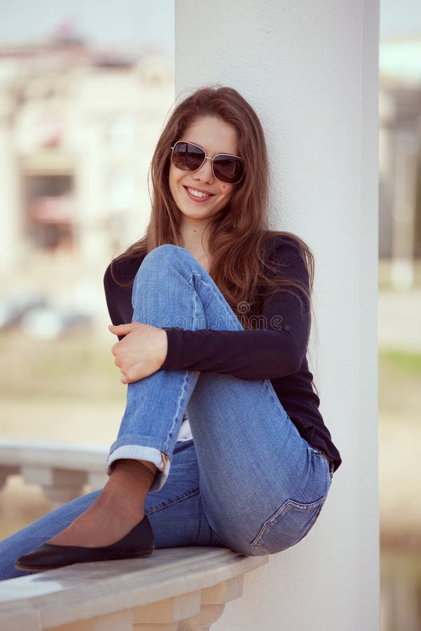 Charming Woman in Glasses and Blue Jeans Stock Image Image of glasses