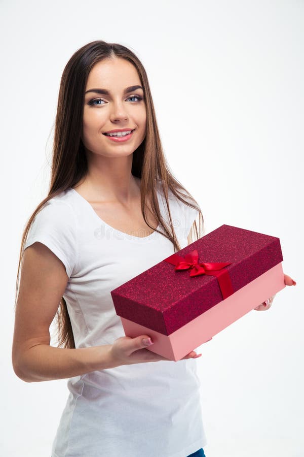 Charming Woman Holding Gift Box Stock Image Image of cute, birthday