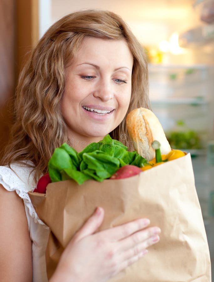 Charming Woman Holding a Grocery Bag Stock Photo Image of casual
