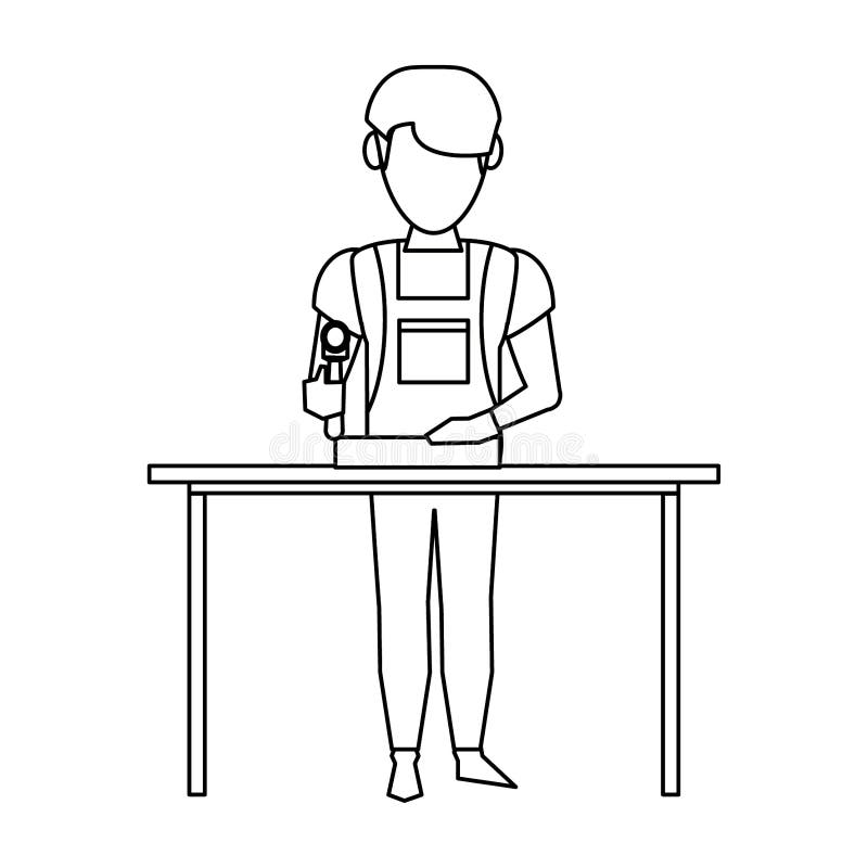 Charpentier travaillant avec la planche en bois en noir et blanc illustration de vecteur Charpentier travaillant avec la planche en bois en noir et blanc illustration de vecteur