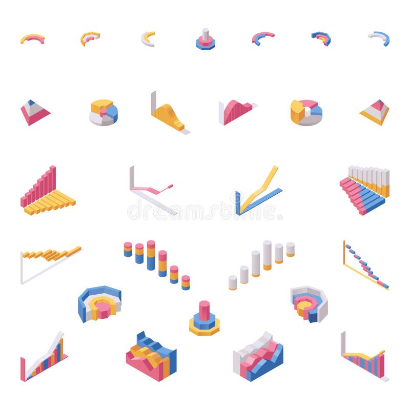 Chart elements isometric vector illustrations set. Data visualization, statistical information representation, economic vector illustration Chart elements isometric vector illustrations set. Data visualization, statistical information representation, economic vector illustration