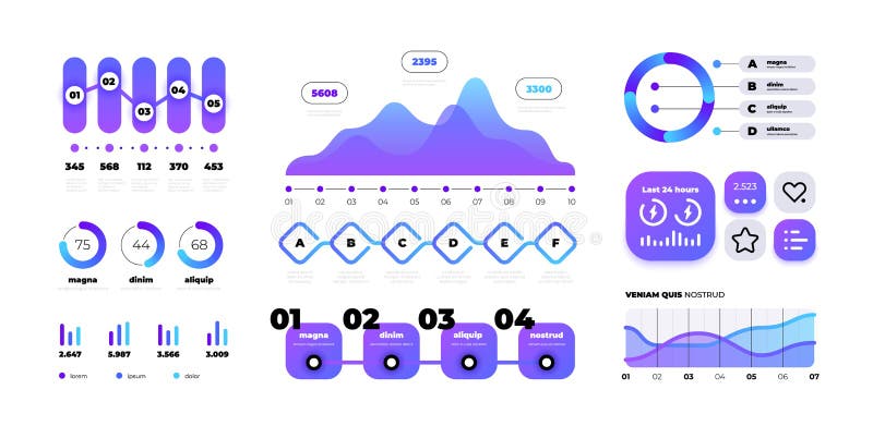 Chart infographic. Colorful gradient bar diagram and timeline flow with numbers, circle graphic template. Vector vector illustration