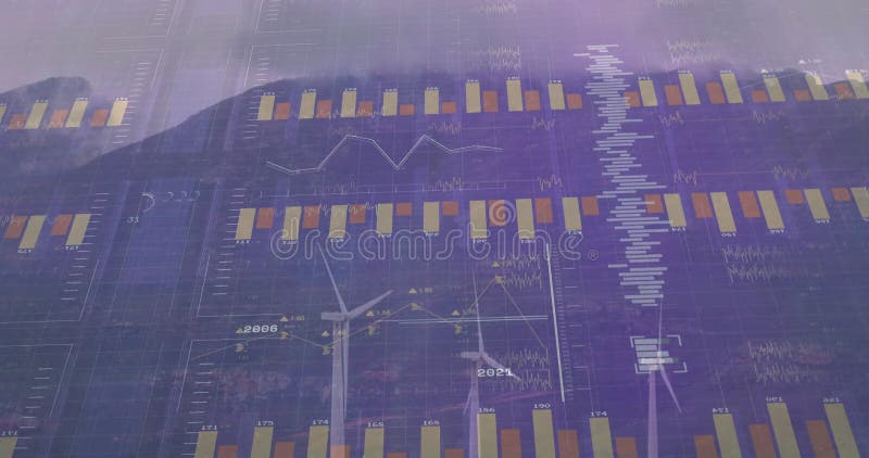 Upon chart overlay appearing bars animating upward behind wind turbines visualizing data trends stock video footage
