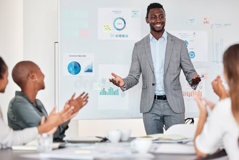 Chart presentation, leader or team applause for achievement of kpi goals, financial target or sales growth. Marketing stock photo