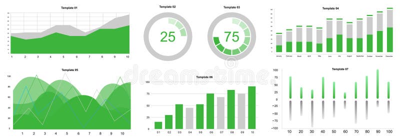 Charts and graphs templates set, including bar, line, pie graphs. Data visualization royalty free illustration
