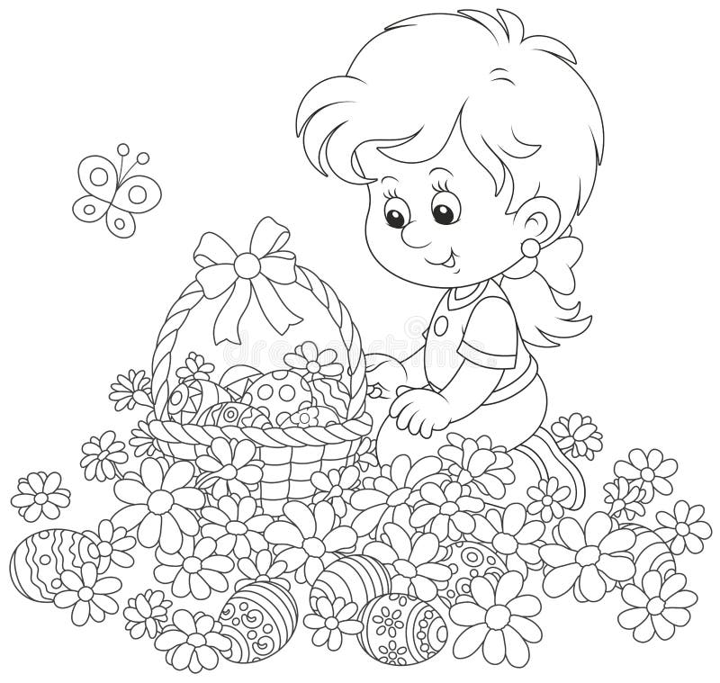 Little girl with a decorated basket collecting painted eggs among daisies, a black and white vector illustration for a coloring book. Little girl with a decorated basket collecting painted eggs among daisies, a black and white vector illustration for a coloring book