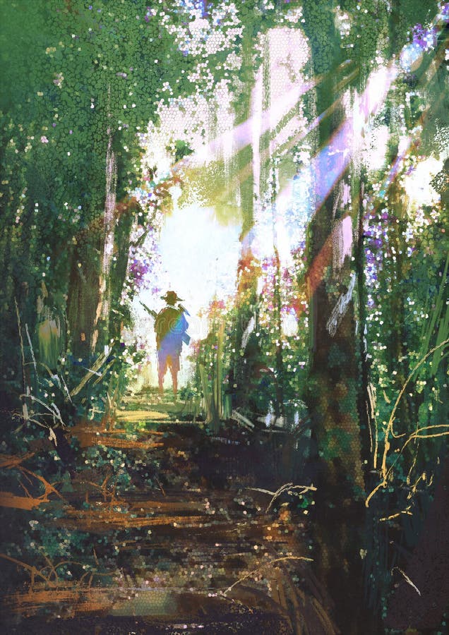 Chasseur se tenant sur un chemin dans la forêt illustration stock Chasseur se tenant sur un chemin dans la forêt illustration stock