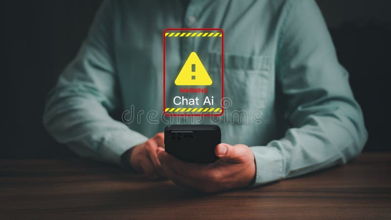 Chat with AI,Artificial Intelligence. Adult man using smartphone chatting with a smart AI using an artificial intelligence chatbot with triangle caution warning sign for notification error concept