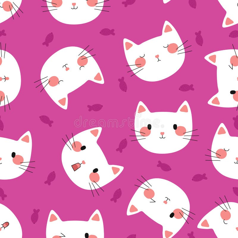 Chat blanc mignon avec Visages amusants Modèle sans couture Vector Design illustration stock