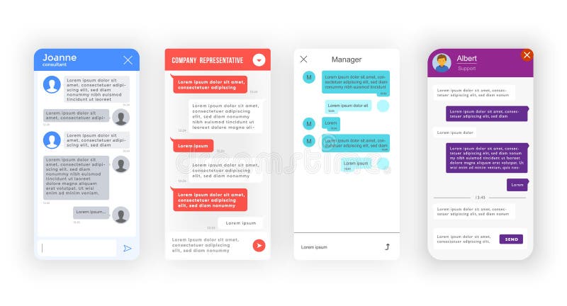 Chat bot mensajería de interfaz de aplicación chat chat chat. Interfaz de aplicación chatbot messenger y plantilla de vector de ventana de chat de soporte. consultor web de asistencia al cliente en línea y aplicación de servicio de asistencia o centro de servicio con cuadro de diálogo de chatbot