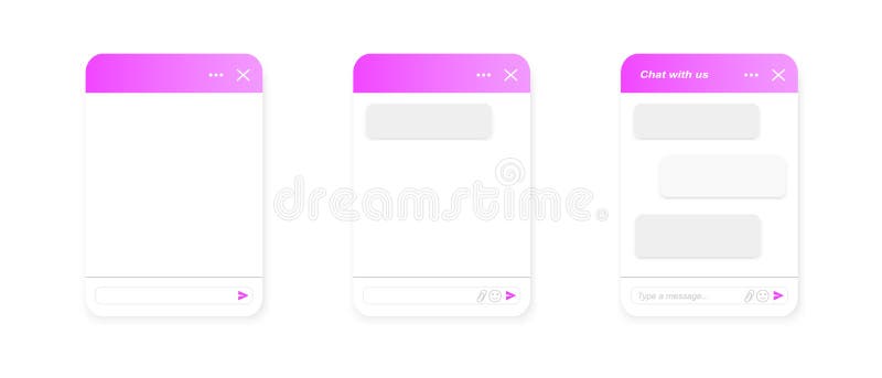 Chat bot pop up screen templates. Life chat windows empty and with message bubbles isolated on white background. Virtual stock illustration