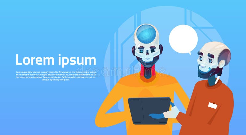 Chat Bot-Roboter unter Verwendung Tablet-Computer-des virtuellen Unterstützungs-Elements der Website oder der beweglichen Anwendu lizenzfreie abbildung Chat Bot-Roboter unter Verwendung Tablet-Computer-des virtuellen Unterstützungs-Elements der Website oder der beweglichen Anwendu lizenzfreie abbildung