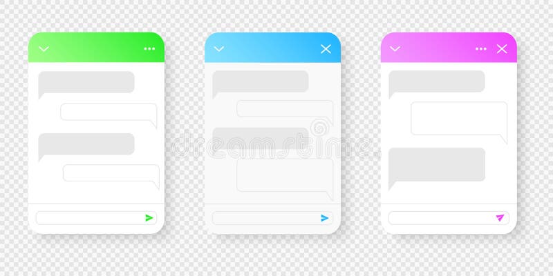 Chat bot screen templates. Life chat windows with message bubbles isolated on transparent background. Virtual assistant stock illustration
