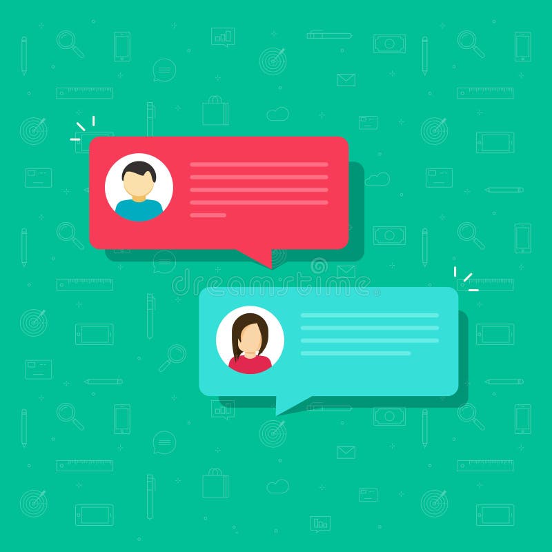 Chat bubble icon vector, flat messages bubbles with man and woman icons, idea of internet dialog, communication royalty free illustration Chat bubble icon vector, flat messages bubbles with man and woman icons, idea of internet dialog, communication royalty free illustration