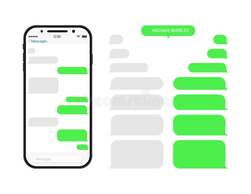 Chat through bubble in phone. Chatbot in messenger. Message in whats. Sms and conversation in app on mobile screen. Interface with stock illustration