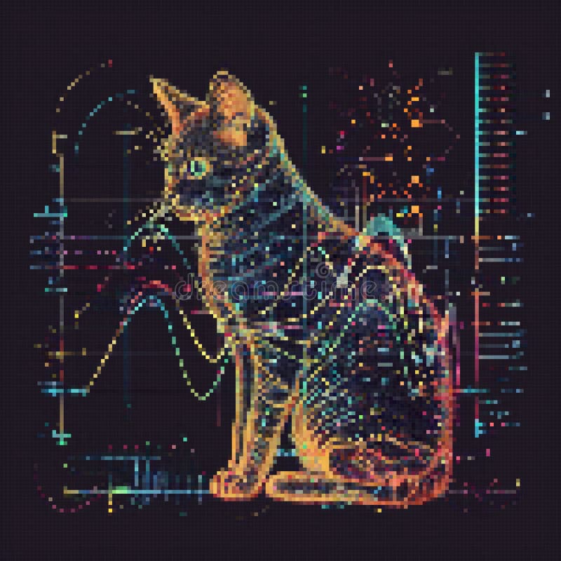 Cat in pixel art futuristic style. vintage, 8 bit, 80s, 90s. Vector illustration of a cat in the style of a pixel art. Cat in pixel art futuristic style. vintage, 8 bit, 80s, 90s. Vector illustration of a cat in the style of a pixel art.