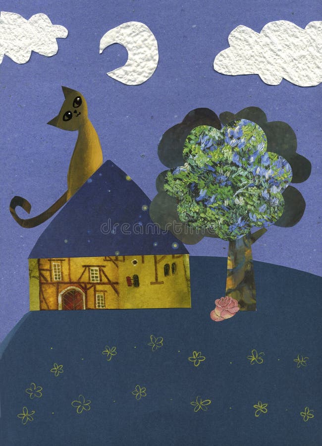 Chat Dans Le Clair De Lune Dessin Modèle Illustration De