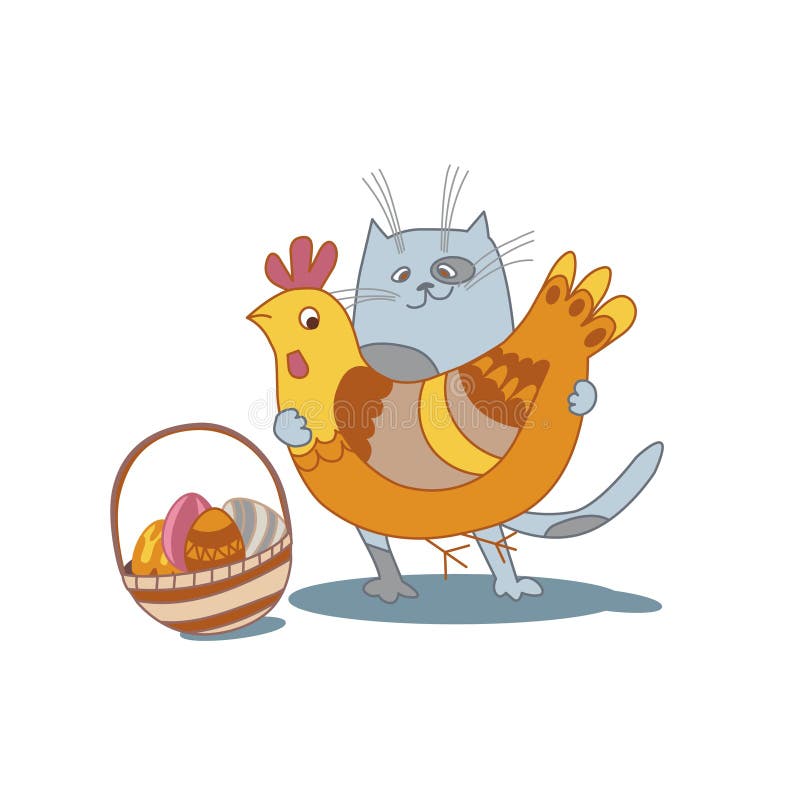 Chat de Pâques avec des oeufs, panier et chcken l'illustration de vecteur de style de bande dessinée sur le fond blanc illustration stock Chat de Pâques avec des oeufs, panier et chcken l'illustration de vecteur de style de bande dessinée sur le fond blanc illustration stock