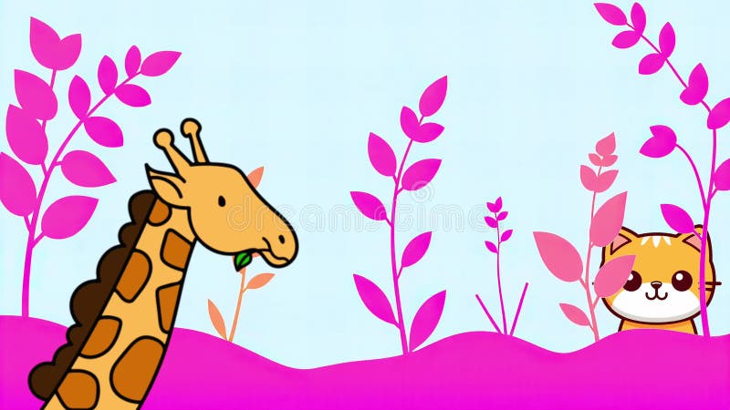 Chat en Giraffe en Forêt : Animation Arbre Faune&Animal Thème illustration libre de droits