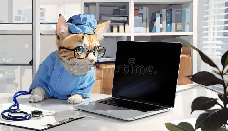 Chat habillé en médecin assis dans un cabinet médical. illustration stock