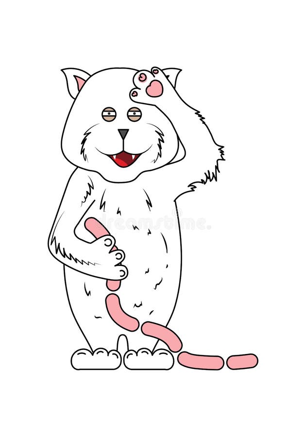 Chat mignon d'aspiration de main tenant des saucisses et ondulant outre de sa patte illustration stock Chat mignon d'aspiration de main tenant des saucisses et ondulant outre de sa patte illustration stock