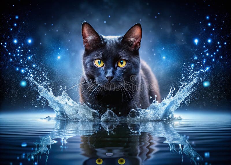 Chat noir enchanteur au milieu d'un jet d'eau cosmique une majestueuse image bleue de minuit illustration de vecteur