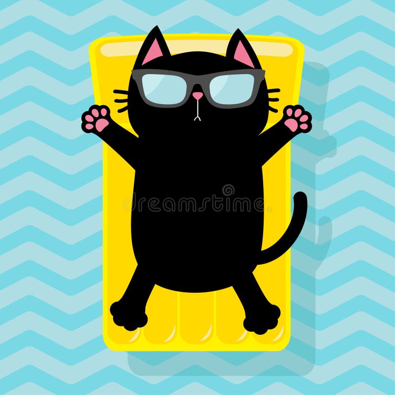 Chat Noir Flottant Sur Le Matelas Jaune De L Eau De Piscine D Air Caractere De Detente De Bande Dessinee Mignonne Sunglasses Jeun Illustration De Vecteur Illustration Du Noir Mignon