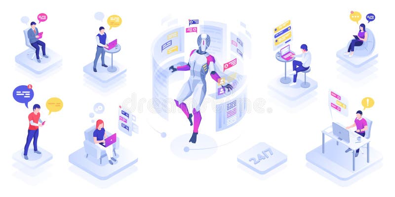 Chat robot or virtual assistant helping users stock illustration