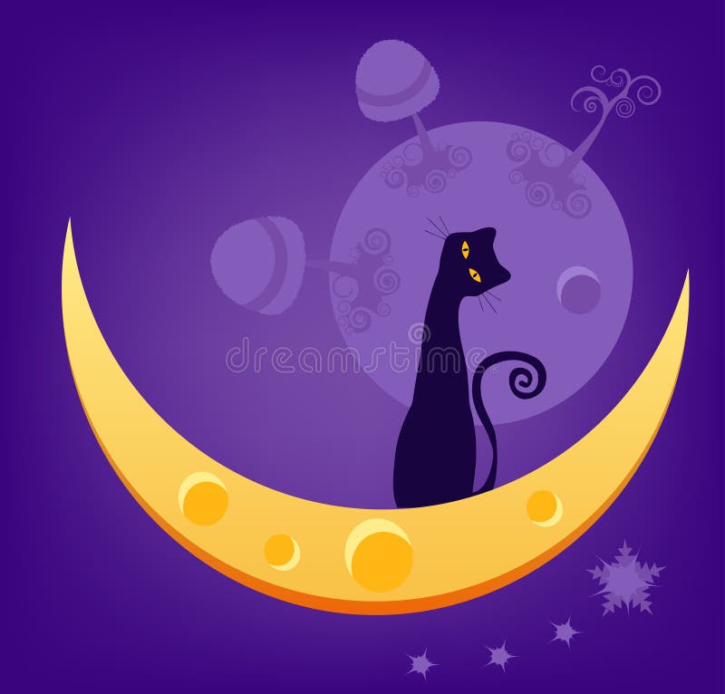 Black Cat on Moon Halloween Cartoon. Black Cat on Moon Halloween Cartoon