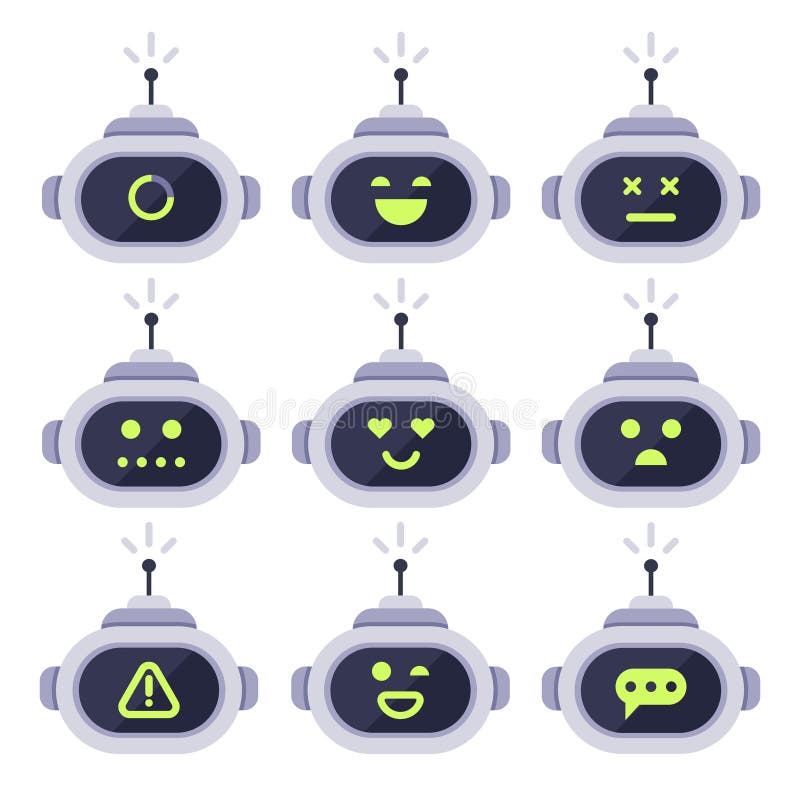 Chatbot-Avatara Computerchat Bots, Gesichtsausdrücke des androiden Roboters und Robotercyborg gehen voran Roboterlogo oder Botvek lizenzfreie abbildung Chatbot-Avatara Computerchat Bots, Gesichtsausdrücke des androiden Roboters und Robotercyborg gehen voran Roboterlogo oder Botvek lizenzfreie abbildung