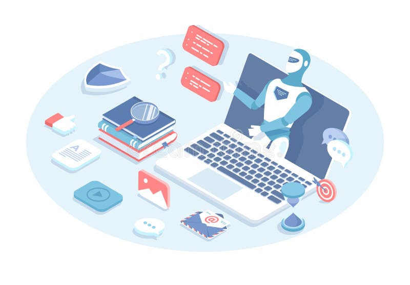 Chatbot. Kundenservice. Robotercharakter mit Messaging-Chat-App. vektor abbildung