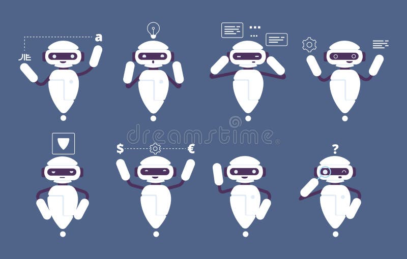 Chatbot robot. Online mascot cute character walking standing talking funny poses vector chatbot