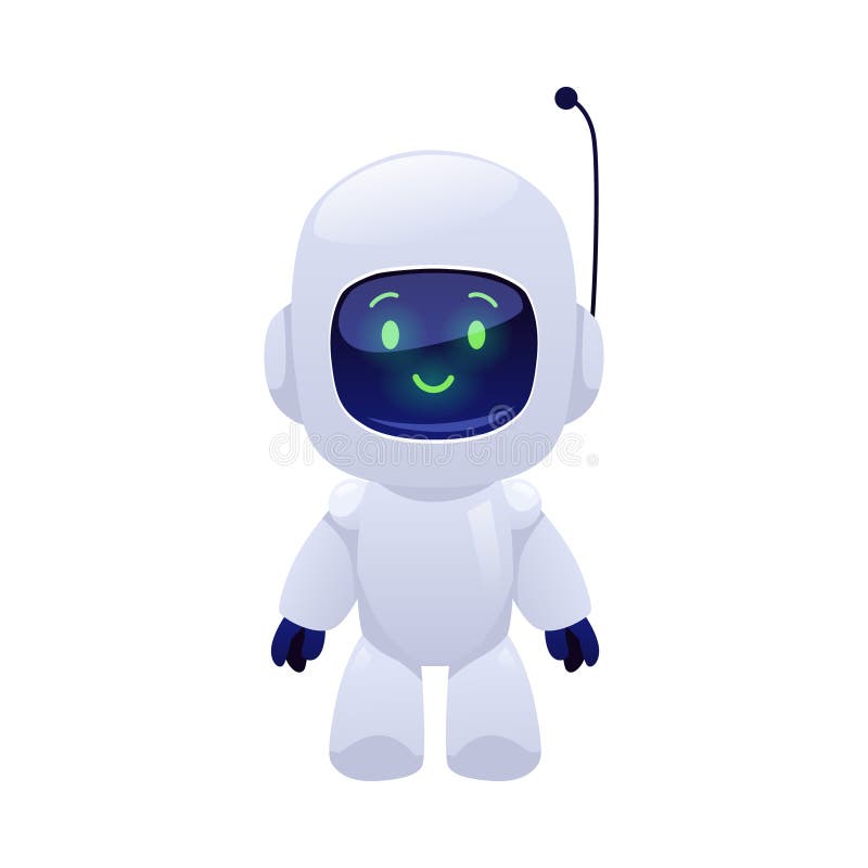 Chatbot robot smiling vector flat illustration, cute Artificial intelligence machine online education, support service stock illustration