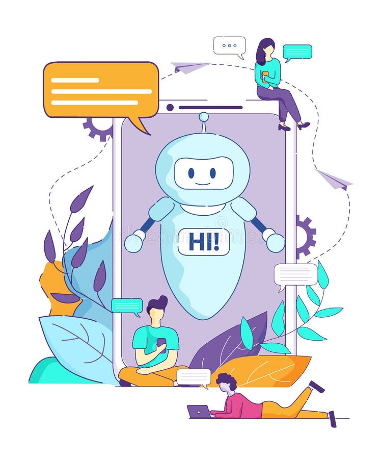 Chatbot säger Hi webbläsaren för konstgjord intelligens vektor illustrationer Chatbot säger Hi webbläsaren för konstgjord intelligens vektor illustrationer