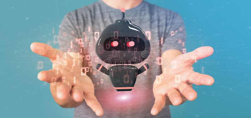 Chatbot вируса удерживания бизнесмена с переводом бинарного кода 3d стоковое изображение Chatbot вируса удерживания бизнесмена с переводом бинарного кода 3d стоковое изображение