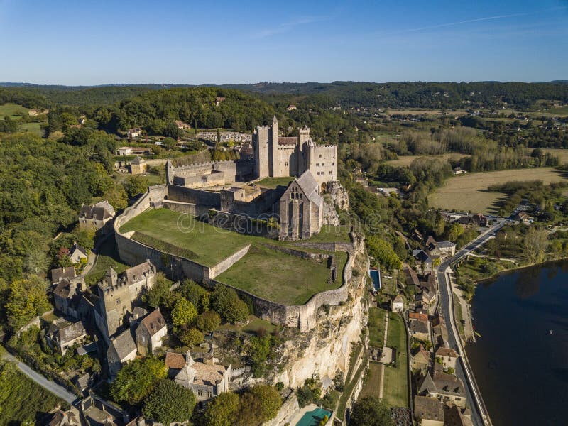 Chateau de Beynac, village of Beynac-et-Cazenac, aerial view from Dordogne River, Perigord, Dordogne, France. Chateau de Beynac, village of Beynac-et-Cazenac, aerial view from Dordogne River, Perigord, Dordogne, France