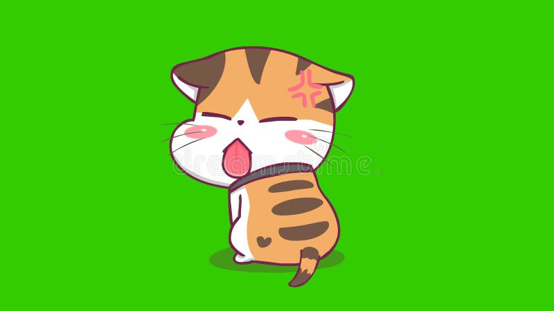 Chaton en colère animé en sortant l'écran vert langue illustration de vecteur