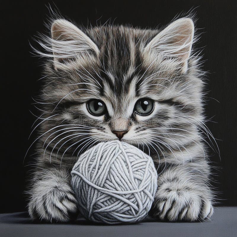 Chaton joueuse batte à une boule de fil. Baguette kitten ludique à une boule colorée de fil présentant son expression curieuse et sa fourrure moelleuse dans un cadre intérieur cosy