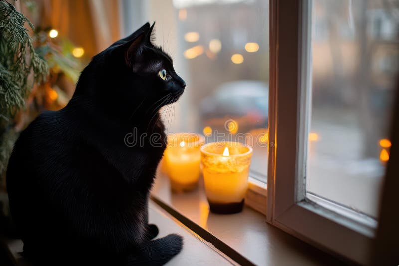 Chats noirs fenêtre bougies maison confortable décor maison confortable animaux de compagnie halloween illustration stock