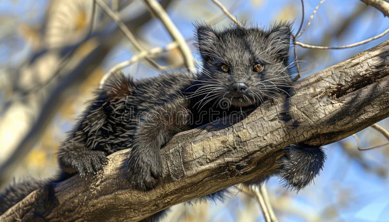 Chatte noir moelleux aux yeux percés perché sur une branche d'arbre à la lumière du soleil par jour clair dans la nature illustration stock