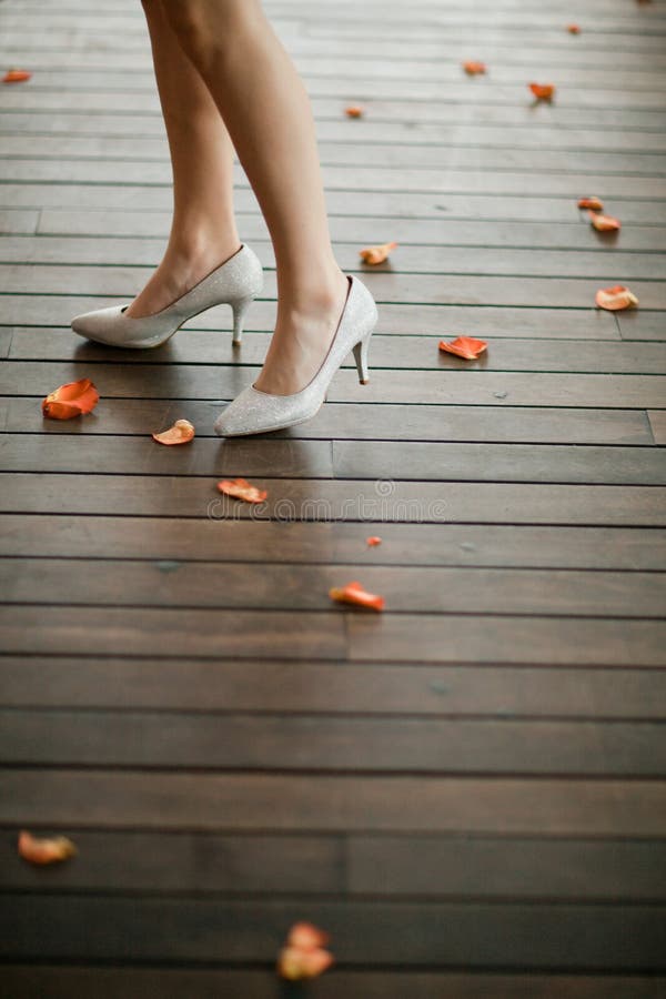 Chaussures élégantes sur des talons dans la couleur argentée sur la jambe de la femme - pétales pour des roses autour image stock Chaussures élégantes sur des talons dans la couleur argentée sur la jambe de la femme - pétales pour des roses autour image stock