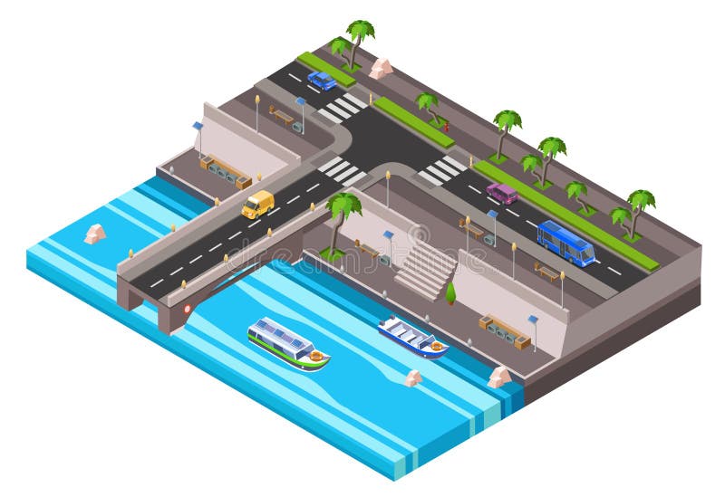 Chaussée isométrique de voiture de remblai de rive de vecteur illustration de vecteur Chaussée isométrique de voiture de remblai de rive de vecteur illustration de vecteur
