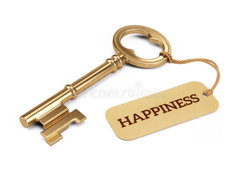 Chave ao conceito da felicidade - chave dourada com a etiqueta da felicidade isolada no branco